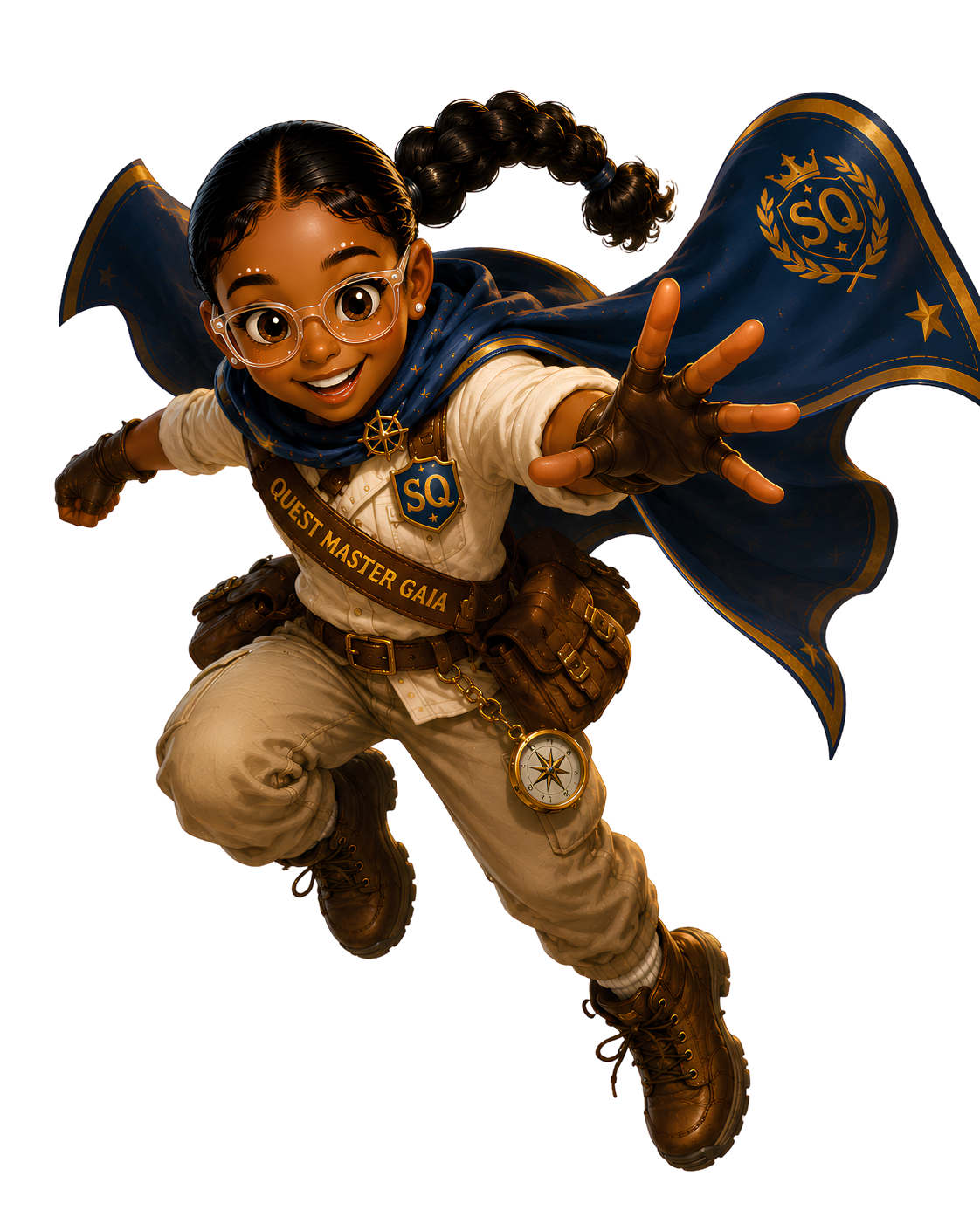 Quest Master Gaia leaping into adventure with her navy Snack Quest cape