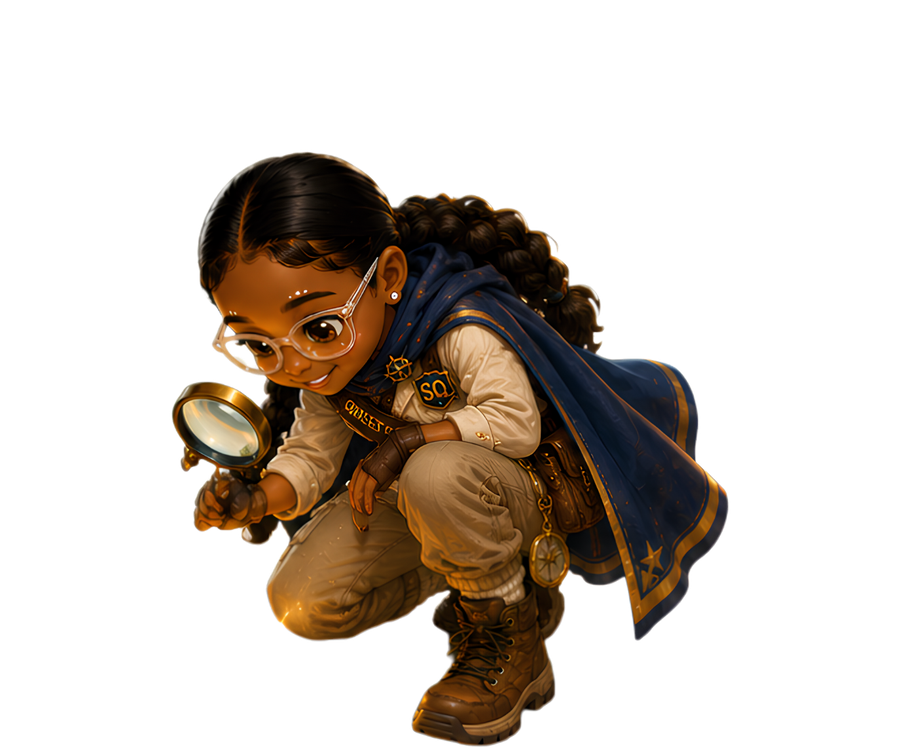 Gaia kneeling with a magnifying glass, searching for snacks