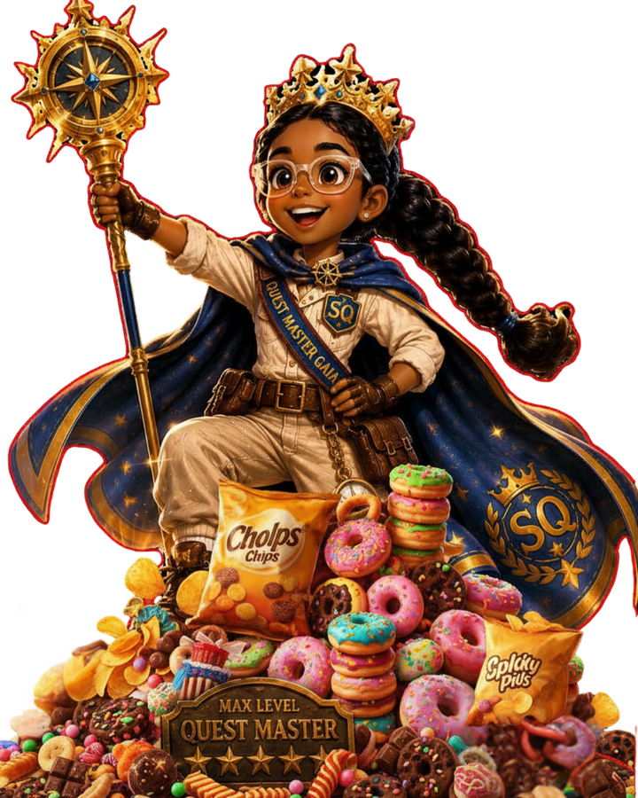 Queen Gaia celebrating max level quest master status on a mountain of snacks
