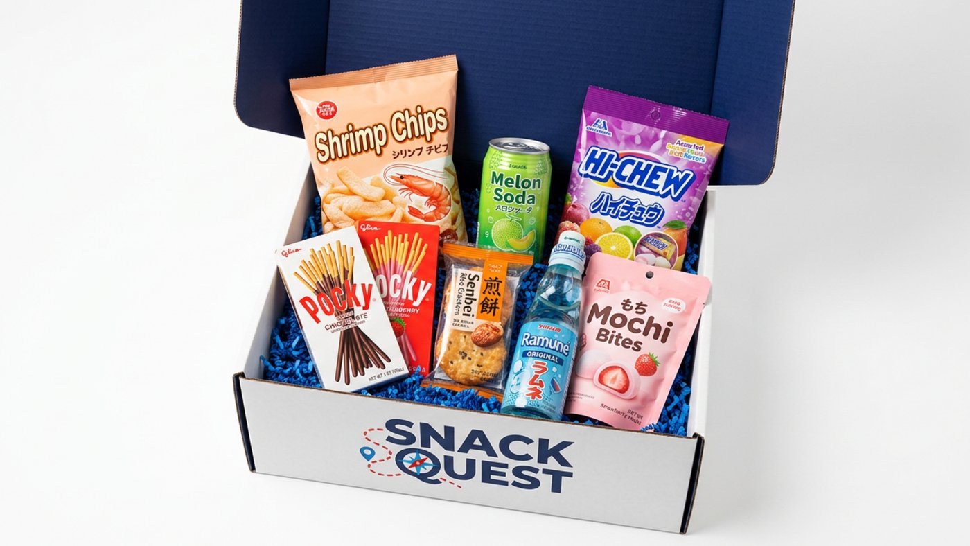 Mini Mystery Box open and filled with international snacks