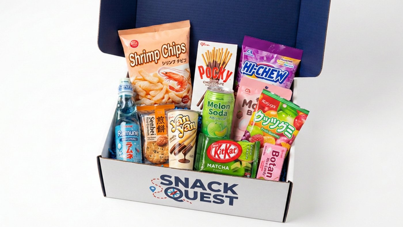 Quest Box overflowing with twenty international snacks